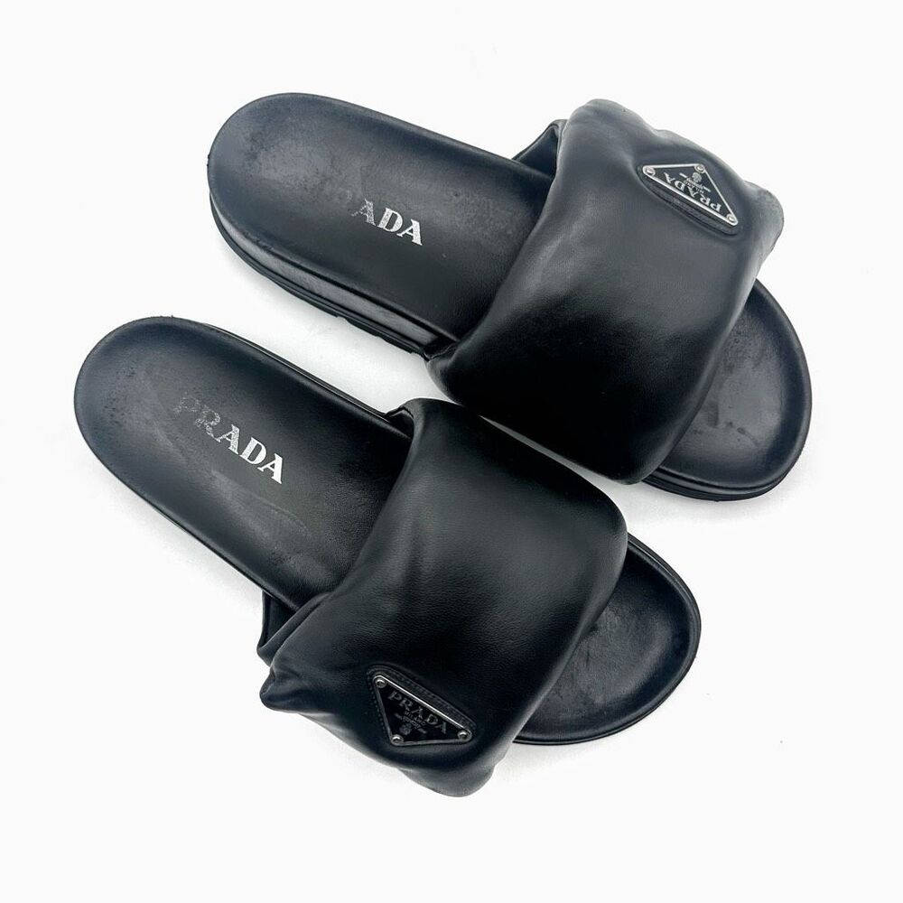 PRADA Soft Slider Sandals Padded Nappa Leather Size 39 Enamel Triangle Logo - Picture 4 of 13
